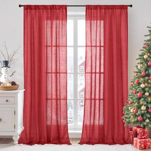 lot 18468 image: BGment Red Linen Curtains 90 Inch Length for Living Room, Long Semi Sheer Window Drapes Textured for Farmhouse Bedroom Dining with Rod Pocket Lightweight, 2 Panels Set, Each 52 Inch Wide