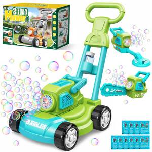 lot 19303 image: Bubble Lawn Mower for Kids, 3-in-1 Bubble Machine Blower with 10 Bubble Solution, Outdoor Push Toys for Toddlers Ages 3-8, Birthday Easter Summer Gift for Boys Girls 3 4 5 6 7 8 Year Old (Open Box)
