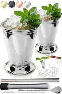 lot 19304 image: Gusto Nostro Mint Julep Cups Set of 2 - Stainless Steel Julep Cup Kit with Straws, Muddler, Spoon,Recipes, Vases - Southern-style Cocktail Glasses for Home Bar - Stainless Steel Cocktail Cups (Silver)