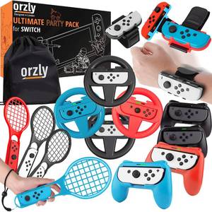 lot 19309 image: Orzly Sports Family Party Pack Accessories Bundle designed for Nintendo Switch and OLED Console Games with Tennis Badminton Rackets, Controller Grips, Wheels and Wrist Dance Bands - With Carry sack