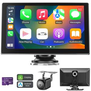 lot 19314 image: 9in Wireless Apple Carplay Screen for Car, Portable Car Play Screen for Car and Android Auto, 4K Dash Cam, 1080p Backup Camera, GPS Navigation, Car Audio Receivers Mirror Link, Bluetooth, FM, Siri
