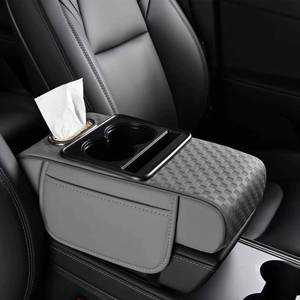 lot 19315 image: WIKONALK Center Console Cover,Car Armrest Cushion Multifunctional with 2 Storage Bags Cup Holder,Phone Slot,Tissue Box Slot for Most Cars Accessories Interior Organizers-Gray 13.8x7.9 in