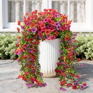 lot 19326 image: Artificial Hanging Flowers for Outdoors Faux Plants, 2PCS Artificial Outdoor Flowers for Spring Decor, UV Resistan Realistic Daisy Fake Hanging Plants for Indoor Planter Garden Porch(Tri-Color Red Mix