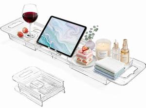 lot 19366 image: Expandable Bathtub Tray Caddy, Clear Bath Tray for Tub for Bath Relaxing, Foldable Bath Table Trays, Bathtub and Bathroom Accessories for Women Gift, Anniversary or Wedding Gifts, New Home