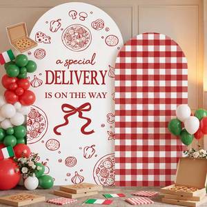 lot 19384 image: Moukeren 2 Pack Special Delivery Pizza Baby Shower Arch Backdrop Cover 6ft and 7.2ft for Slice Slice Baby Welcome Themed Party Gender Reveal Birthday Party Banquet Photo Arches Background Decorations