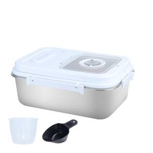 lot 19385 image: Qiveno Airtight Rice Storage Container Bin 15lb, Stainless Steel Food Storage Containers with Measuring Cup,Spoon Kitchen and Pantry Canister for Rice, Flour, Sugar, and Baking Supplies(Silver)