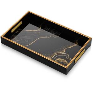 lot 19390 image: Hanobe Decorative Serving Tray Black Coffee Table Tray with Handles for Ottoman Home Decor Modern Gold Rim Glass Drink Trays for Kitchen Counter Decanter Bar, Easy to Clean