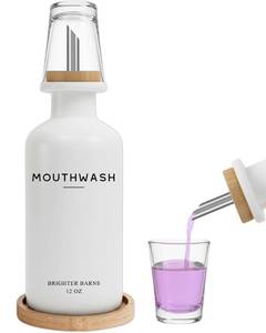 lot 20249 image: White Glass Mouthwash Dispenser for Bathroom by Brighter Barns - Mouth Wash Dispensers with Stainless Steel Spout, Mouthwash Cup, Tray - Minimalist Bathroom Decor for Hotel, Spa, Dental Office (White)