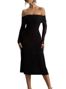 lot 20281 image: HOCILLE Womens Sexy Off The Shoulder A Line Midi Dresses Long Sleeve Elegant Formal Wedding Guest Party Cocktail Dress, Large, Black
