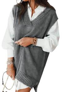 lot 20285 image: EVALESS Womens V Neck Sweater Vest Sleeveless Grey Knit Sweaters for Women Fall Spring 2025 Solid Color Irregular Hem Loose Pullover Sweater Medium