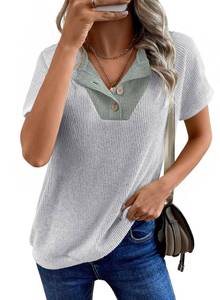 lot 20286 image: RICHSTORY Summer Tops for Women 2026 Short Sleeve Pullover Sweaters Button V Neck Henley Shirts Spring Fashion Dressy Casual Business Tunic Blouses Light Grey XX-Large