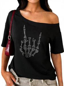 lot 20297 image: Womens Off Shoulder Tops Sequin Y2k Tops 2026 Spring Tshirts Skeleton Graphic Tees 80s 90s Outfits Going Out Clothes Medium