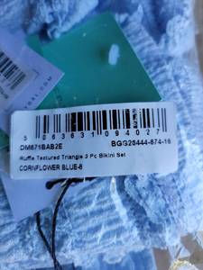 lot 20304 image: Nasty Gal Ruffle Textured Triangle 3 Piece Bikini Set in Cornflower Blue (Size US 4)