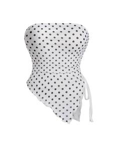 lot 20305 image: Milumia Womens Polka Dots Print Strapless Tube Top Ruched Drawstring Asymmetrical Tank Tops White Medium