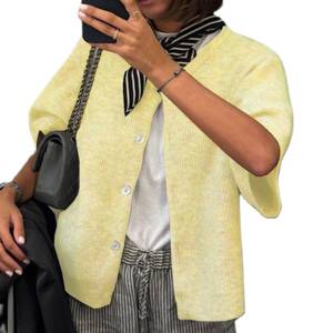 lot 20307 image: ICNGLKSND Womens Short Sleeve Cardigan Button Down Open Front Crewneck Sweaters Knit Solid Crop Tops(Yellow,Large)