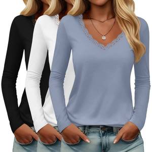 lot 20313 image: Huukeay 3 Pack Womens Lace Long Sleeve Shirts Deep V Neck Modal Basic Tees Slim Fit Casual Sexy Fall Y2k Going Out Tops(Light Blue, White, Black,Medium)