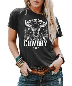 lot 20332 image: Boho Cow Skull Shirts Women Cowgirl Tshirts Western Rodeo Graphic Tees Vintage Country Outfit Bull Skull Casual Top (Small)