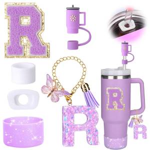 lot 20343 image: Mity rain 6PCS Cup Accessories Set for Stanley Cup 30oz 40oz tumbler with handle, Including Silicone Straw Topper Cover Cap and Boot, Spill Proof Stopper, Handle Charm, Initials Sticker (Letter R)