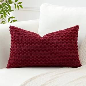 lot 20377 image: OTOSTAR Pom Poms Decorative Corduroy Throw Pillow Covers 12x20 Inch Super Soft Boho Striped Lumbar Cushion Covers Case Geometric for Sofa Couch Bedroom Car Decor Set of 1, Wine Red