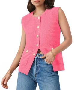 lot 20387 image: Yousify Womens Sleeveless Sweater Vest Knit V Neck Button Fashion Casual Loose Vest Top with Pockets Bright Pink XL
