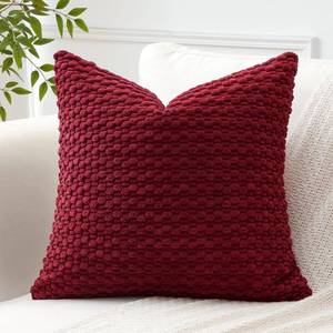 lot 20398 image: OTOSTAR Pom Poms Decorative Corduroy Throw Pillow Covers 16x16 Inch Super Soft Boho Striped Square Cushion Covers Case Geometric for Sofa Couch Bedroom Car Decor Set of 1, Wine Red