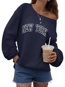 lot 20423 image: Bellcoco Womens Off the Shoulder Sweatshirt New York Long Sleeve Loose Pullover Tops Oversized Sweatshirts Trendy Spring Outfits Deep Blue NY L
