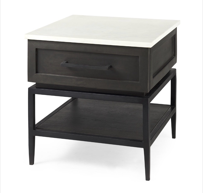 lot 5112004 image: Mercana Divina Black-Brown Wood w White Marble Top and Black Metal Base 1 Drawer Side Table 69237 - Retail $1,769