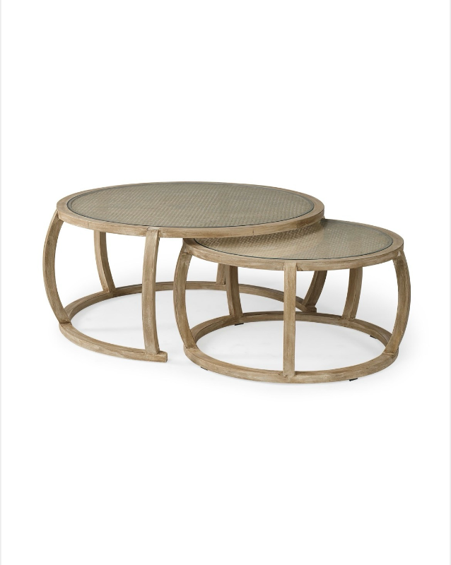 lot 5112011 image: Mercana Hubbard Set of 2 Round Woven Cane wGlass Top Solid Wood Base Coffee Tables 68503 19 H x 45.75 W x 45.75 D - Retail $1,959