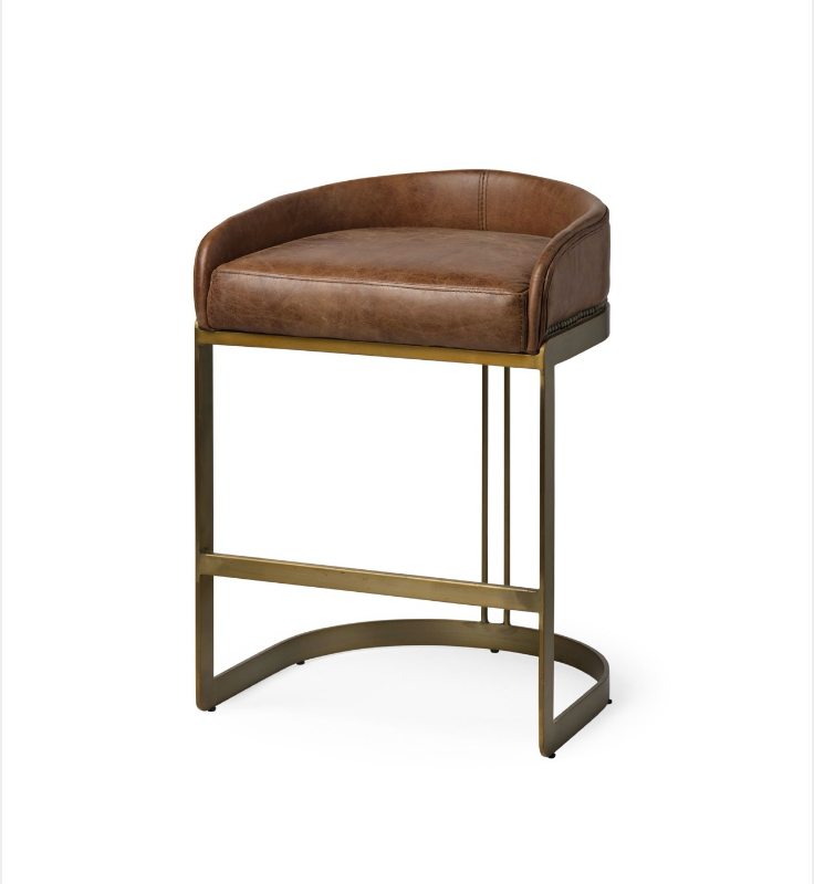 lot 5112050 image: Mercana Hollyfield 20.5L x 19.75W x 29H Total Height Brown Leather Seat Gold Metal Base Stool 68573 - Retail $1,499