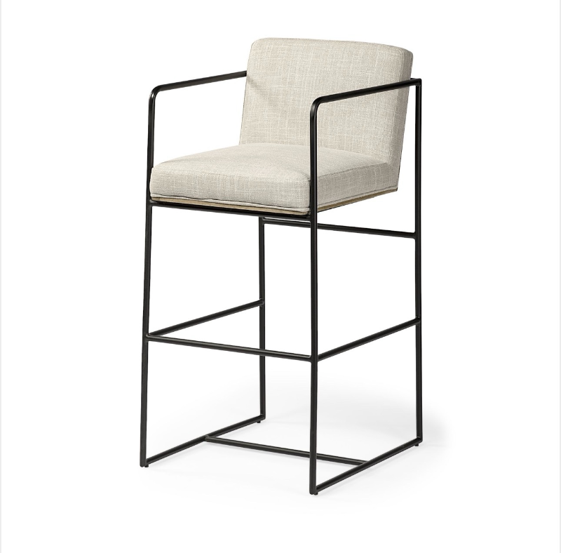 lot 5112051 image: Mercana Stamford 40 Total Height Light Beige Upholstered Seat w Wood Back, Metal Frame Bar Stool 68762 - Retail $869