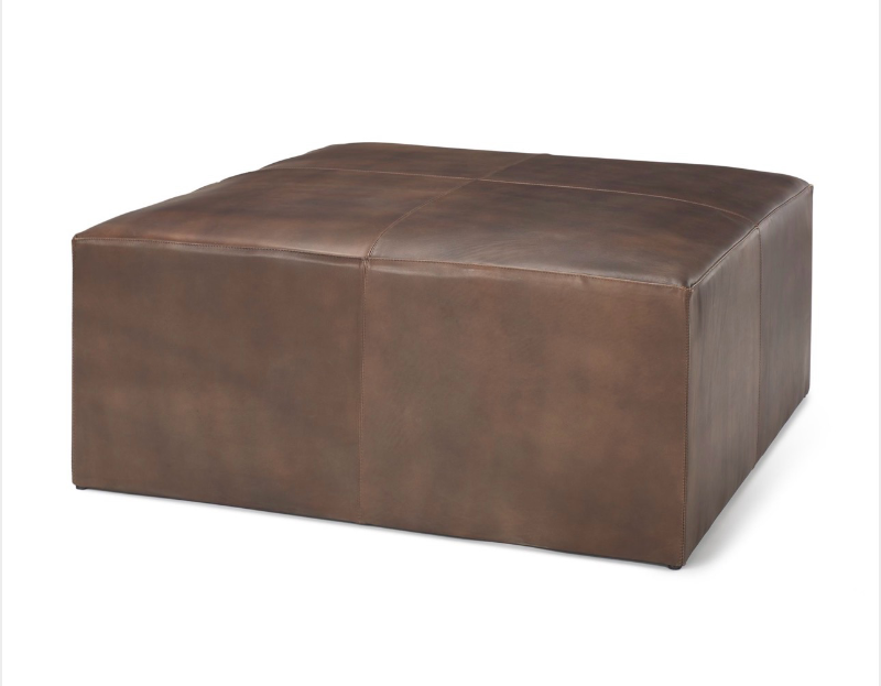 lot 5112084 image: Mercana Minara 36 Square Brown Leather Wrapped wWood Base Ottoman 69058 - Retail $2,519