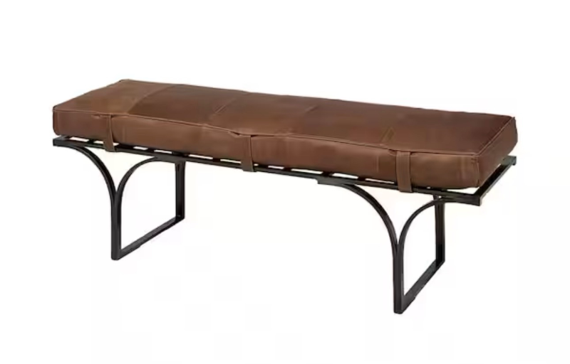 lot 5112090 image: Jessie Brown Leather Seat with Black Metal Base Accent Bench 55 in. L x 16 in. W - Retail $849