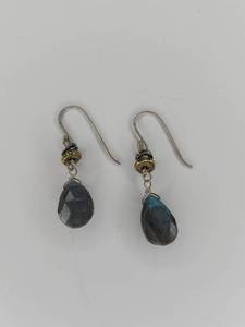 lot 83 image: Blue Flash Labradorite Teardrop Dangle Earrings with Mixed Metal Accents