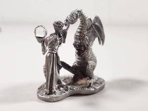 lot 232 image: Maidens Kiss Artist Signed Fine Pewter Fantasy Figurine Dragon and Wizard with Crystal Orb
