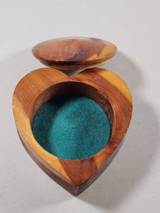 lot 291 image: Handcrafted Heart-Shaped Wooden Jewelry Box with Teal Velvet Lining