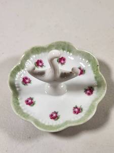 lot 299 image: Porcelain Ring Holder with Pink Rose Pattern Signed Hand Painted