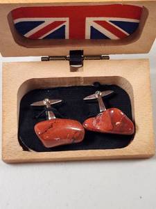 lot 314 image: Red Jasper Stone Cufflinks with Union Jack Wooden Gift Box