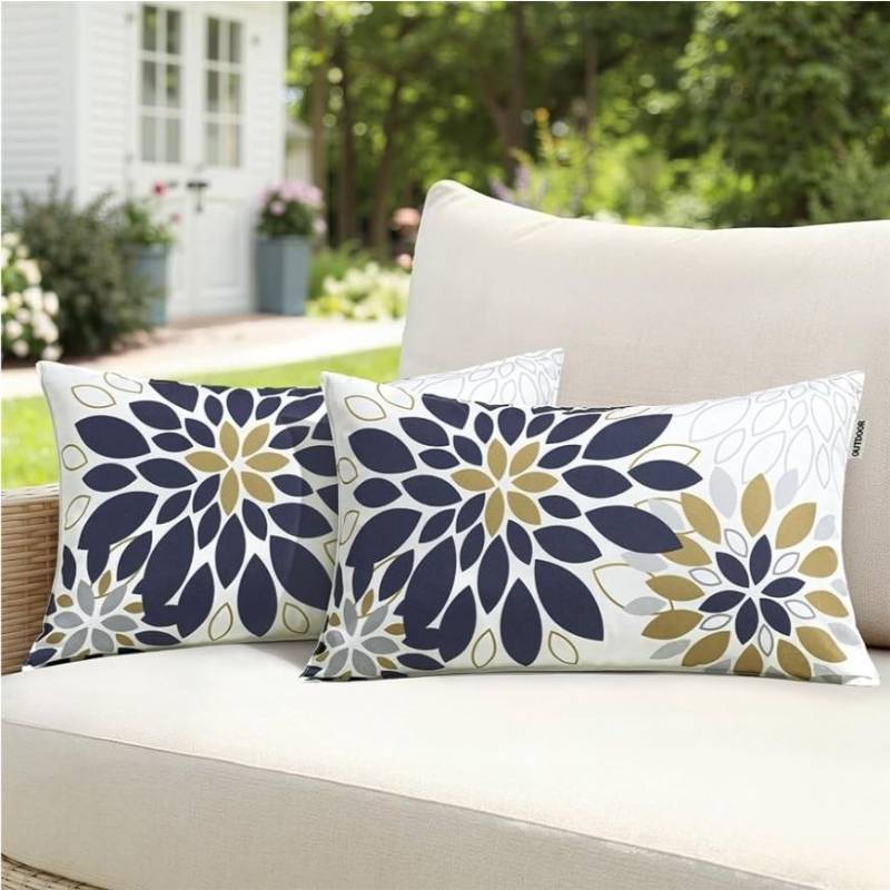 lot 72551 image: Floral Outdoor Pillow Covers Waterproof Spring Throw Pillow Cases Blue gray 12x20 Inch Set of 2 Decorative Summer Cushion Covers for Patio Furniture Garden Bench Porch Sofa - Retail $15