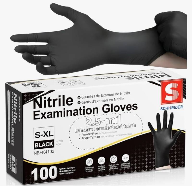 lot 72552 image: Schneider Black Nitrile Gloves, Powder Free, Disposable Gloves Latex Free for Medical Exam, Food Prep & Cleaning - Retail $8