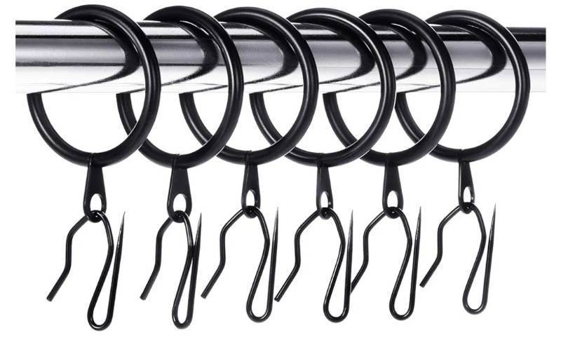 lot 72564 image: 30 Pcs Metal Drapery Curtain Rings 0.981.261.65 inch Interior Diameter and 30 Pcs Hanging Curtain Drapery Pin Hooks for Window Door Shower(Black,32 mm) - Retail $15