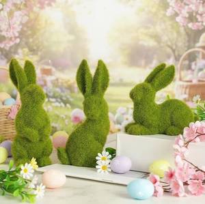 lot 27161 image: Figurines Green Faux Flocked Rabbit for Easter Decor Small Decorative Rabbit Statues for Home Decor, Spring Tabletop Centerpiece(Small Moss 3pcs) - Retail $20