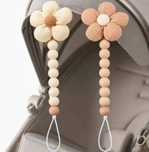 lot 27188 image: 2pcs Flower Pacifier Clip, Silicone Bead Pacifier Clip for Baby Girls and Boys with Beige Brown Color Daisy Birthday Christmas Gift - Retail $10