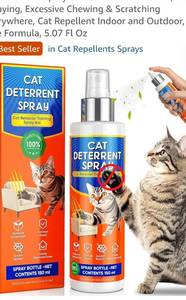 lot 27200 image: Cat Deterrent Spray for Furniture Protection, Pee Spraying, Excessive Chewing & Scratching Everywhere, Cat Repellent Indoor and Outdoor, Pet-Safe Formula, 5.07 Fl Oz - Retail $31