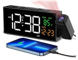 lot 27241 image: Projection Clock for Bedroom Ceiling, Alarm Clocks with 180° Rotatable Projector, Date Temperature and Weekday, Manual DST, 5 Brightness, 10 Ringtones, 4 Volumes and Snooze (Black) - Retail $20
