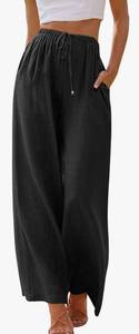 lot 27245 image: Womens Linen Summer Palazzo Pants Flowy Wide Leg Beach Pants with Pockets, M, black - Retail $35
