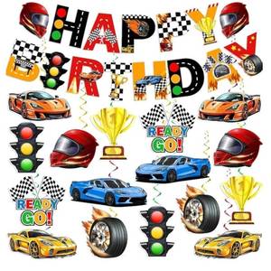 lot 27247 image: Race Car Themed Birthday Party Decorations for Boys and Adults - Includes Happy Birthday Banner and Hanging Swirls - Retail $14