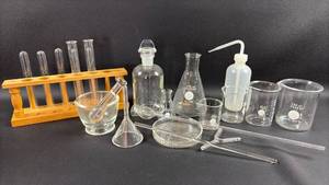 lot 35 image: Vintage Pyrex Laboratory Glassware Set with Test Tubes and Beakers