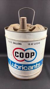 lot 46 image: COOP Lubricants 5 Gallon Metal Oil Can with Spout