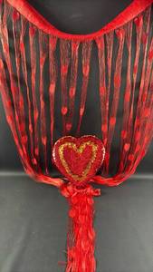 lot 72 image: Red Heart Magic Sequin Box and (2) Fringe Door Curtain Panels with Woven Heart Accents