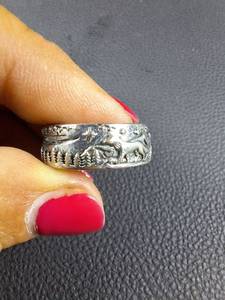 lot 503 image: Silver Tone Wolf and Forest Landscape Band Ring